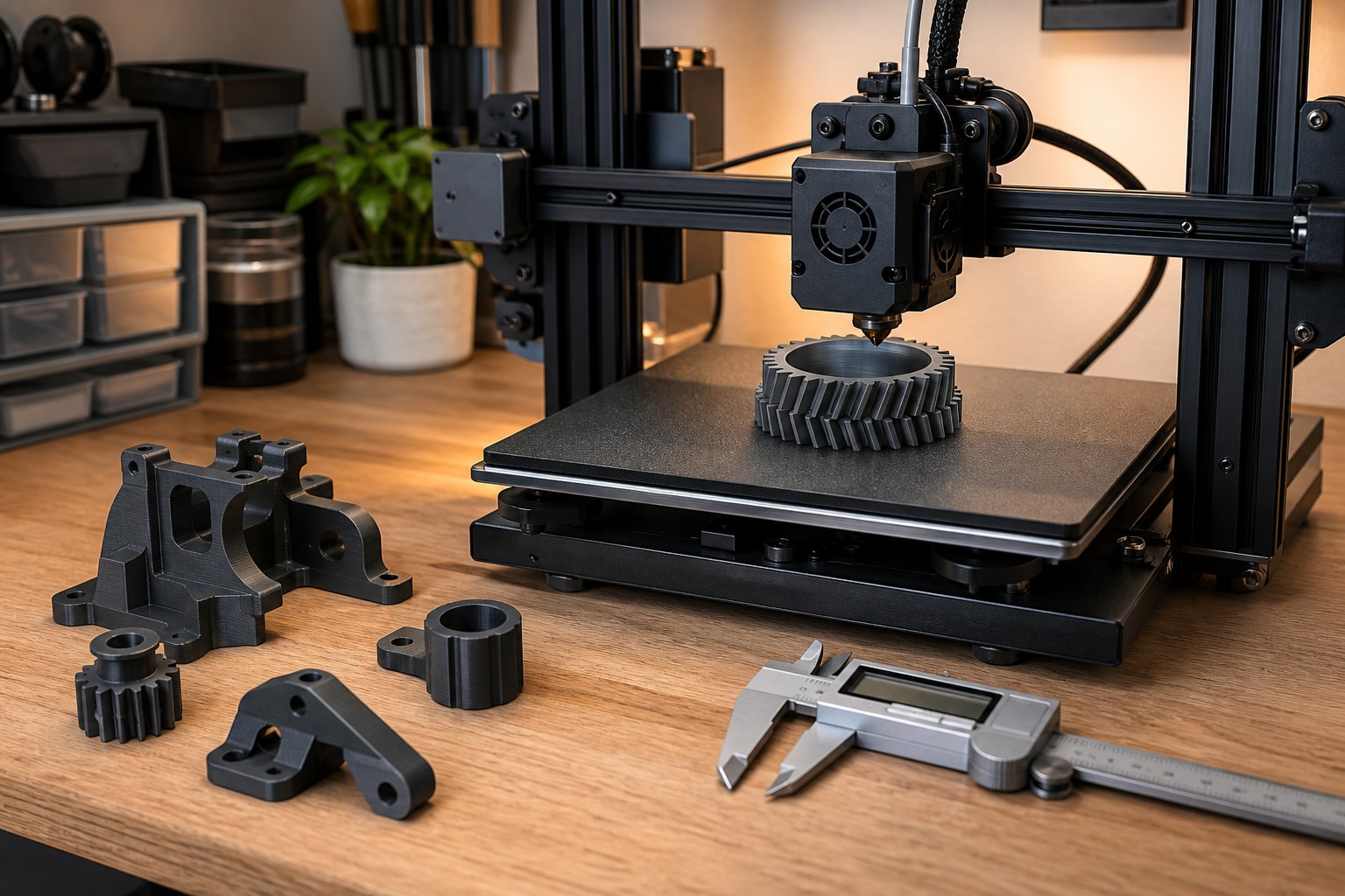 Symbolbild: 3D-Drucker mit funktionalen Bauteilen und Messschieber